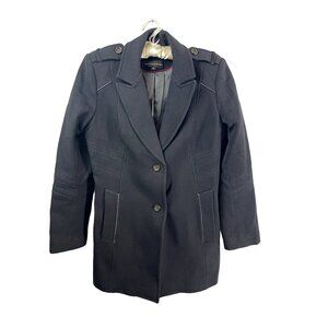 Andrew Marc Black Coat Size 12 L Virgin Wool Leather Trim Lapel Collar Button